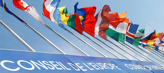 Euroopan neuvoston jäsenmaiden lippuja rivissä.